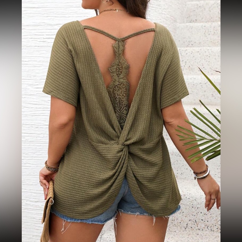 Sexy Plus Size Relaxed Fit Sheer Floral Lace Open Back Top Blouse Shirt Gray - Picture 8 of 12